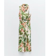 Nwt Zara Woman Floral Tropical Print Midi Dress Ecru Green Size S Small Elegant Tropical Print Midi Dress, Elegant Sleeveless Dress With Tropical Print, Zara White Floral Print Midi Dress, White Sleeveless Maxi Dress With Tropical Print, White Fitted Tropical Print Dress, Fitted White Tropical Print Dress, Print Midi Dress, Zara Woman, Printed Midi Dress