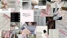 a collage of pink and white items