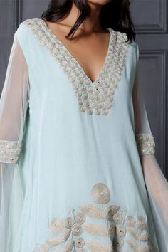 Shop for Nandita Thirani Blue Chiffon Embroidered Kurta And Palazzo Set for Women Online at Aza Fashions Eid V-neck Kurta With Intricate Embroidery, Traditional Georgette V-neck Kurta, Traditional V-neck Georgette Kurta, V-neck Sets With Mirror Work In Georgette, V-neck Georgette Sets With Mirror Work, V-neck Georgette Dress With Mirror Work, Eid Georgette V-neck Kurta, Eid V-neck Georgette Kurta, Embellished Georgette V-neck Set