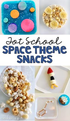 some snacks that are sitting on top of each other with the words hot school space theme snacks