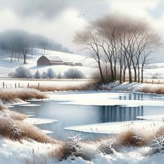 a painting of a snowy landscape with a pond