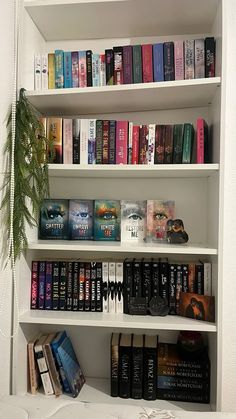 a book shelf filled with lots of books next to a potted plant on top of a table