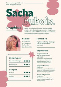 a pink and green resume with flowers on the front, and an image of a woman's face