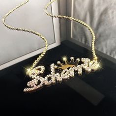 Diamond Nameplate Necklace With Crown, Bling Nameplate Necklace, Personalized Necklace, Name Necklace, Perfect Gift for Her, Gift for Friend . . . . . . . . . . . . . . . . . . . . . . . . . . . . . . . . .  * Product Description ♡ :  Introducing our stunning Diamond Nameplate Necklace with Crown, a luxurious and personalized piece of jewelry that combines the brilliance of diamonds with the regality of a crown design. This necklace is the perfect choice for those seeking a glamorous and meaning Customized Name Necklace Pendant, Customizable Pendant Name Necklace For Jewelry Making, Gold Nameplate Necklace With Bling, Gold Bling Nameplate Necklace, Gold Bling Name Necklace As A Gift, Extra Long Necklace, Necklace Name, Nameplate Necklace, Crown Design