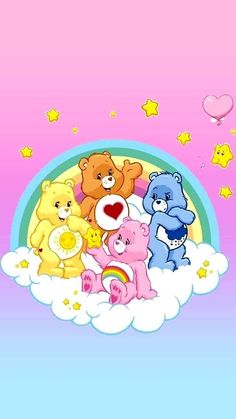 a group of teddy bears sitting on top of a cloud with rainbow in the background