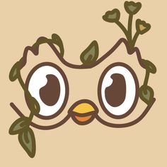 the face of an owl with leaves on it's head and eyes are drawn in cartoon style