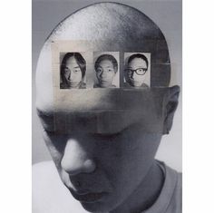 a man's head with four faces in the middle and one on top of his head