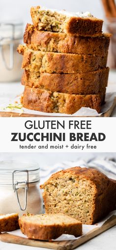 gluten free zucchini bread is cut in half and stacked on top of each other