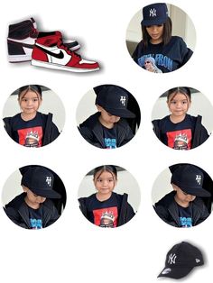 a collage of photos showing different styles of shoes and hats for children to wear