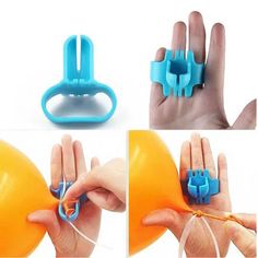 four different views of a hand holding an orange ball and some blue plastic objects in it