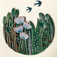 an image of some birds flying in the air above plants and flowers on a white background