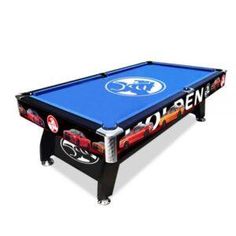 a blue pool table with red and white letters on the bottom, in front of a white background