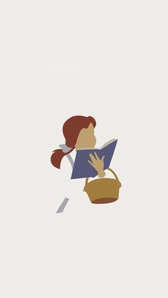 a woman is reading a book while holding a basket in her hand and looking up at the sky