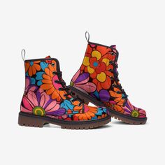 Step Back in Time with Our 70's Inspired Orange Flower Vegan Leather Boots!🌼 Embrace the Groovy Vibes 🌼Are you ready to unleash your inner flower child and strut your stuff in style? Our Orange Flower 70's Vegan Leather Boots are here to take you on a retro-inspired journey that's as fashionable as it is eco-friendly. These boots are not just a fashion statement; they're a lifestyle.🌧️ Weatherproof Wonder 🌧️Don't let a little rain dampen your spirits! Our boots are crafted with waterproof ma Retro Summer Boots With Round Toe, Retro Round Toe Summer Boots, Funky Multicolor Boots For Spring, Multicolor Floral Print Boots For Summer, Bohemian Round Toe Boots With Floral Print, Multicolor Floral Print Summer Boots, Bohemian Floral Print Round Toe Boots, Painting Shoes Diy, Painted Boots Diy