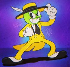 an animated character in a yellow suit and hat