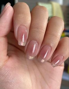 Shimmery Almond Acrylic Nails, Short Square Jelly Nails, Classic Nails Elegant Spring, Short Velvet Nails, Short Gel Nails Aesthetic, Natural Aura Nails, Sheer French Tip Nails, Shimmery French Tip Nails, Clear Glossy Nails