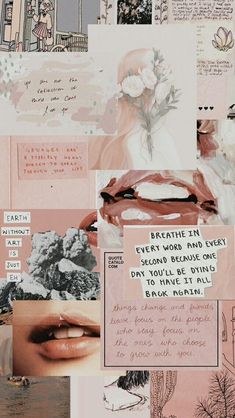 a collage of pink and white images with words written on the top, below them