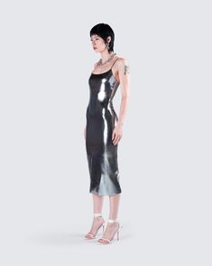 Claim your spotlight with this metallic gunmetal midi dress 😌 Crafted from metallic lamé stretch jersey complete with adjustable spaghetti straps - this look will leave everyone envious of your radiance 🤍 Sleek Midi Dress With Spaghetti Straps For Party, Sleek Midi Slip Dress For Party, Sleek Midi-length Party Slip Dress, Sleek Midi-length Slip Dress For Party, Glamorous Metallic Midi Dress, Metallic Spaghetti Strap Evening Dress, Sleek Metallic Evening Dress, Metallic Slip Dress For Summer Evenings, Metallic Midi Dress For Party