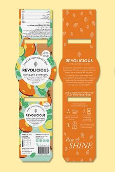 the packaging design is designed to look like an orange and green package with fruit on it