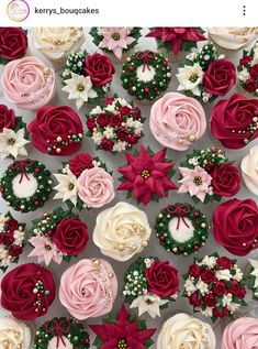 cupcakes decorated with red, white and pink icing are arranged in rows