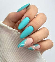 40 Aesthetic Almond Nails for Your Inspiration Turquoise French Tip, Turquoise French Tip Nails, Turquoise Nail Designs, Teal Nail Designs, Aqua Nails, Teal Nails