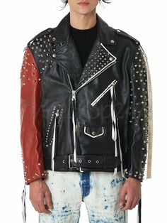 New Mens Handmade Rock Punk Red Black Brando Full Silver Studded Belted Fashion Leather Jacket on Storenvy Punk Outerwear With Studs For Streetwear, Punk Style Studded Outerwear For Streetwear, Fall Concert Outerwear With Rivets, Alternative Studded Fall Outerwear, Alternative Studded Outerwear For Fall, Punk Outerwear With Rivets For Concerts, Rock Style Studded Outerwear For Streetwear, Punk Style Long Sleeve Biker Jacket For Festival, Rocker Outerwear With Studs For Concert