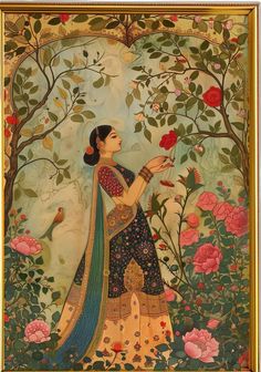 Mughal inspired art of Indian/Pakistani woman, clad in traditional clothing, standing in a beautiful garden.  This is a DIGITAL print, not a physical product.  SIZE - Fixed 2:3 Ratio - 3667x5500 pixels (you're free to adjust the sizing after purchase, to your desired size)  Traditional Mughal era inspired digital painting, printable art work for the Indian home. Pakistani inspired art painting. Vintage Indian desi wall art. Indian woman, wearing lehnga, standing in garden, artwork. Digital paint Indian Paintings Aesthetic, Painting Ideas On Canvas Indian Art, Aesthetic Indian Painting, Desi Aesthetic Painting Ideas, Canvas Painting Indian Art, Drawing Room Decor Ideas Pakistani, Rajasthani Wall Decor, Miniature Canvas Painting Ideas, Chandramukhi Painting