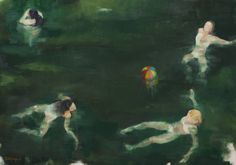 an oil painting of people swimming in the water