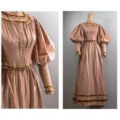 "This is an incredible 1890s wool and faux fur walking suit. The wool is nice heavier-weight wool in a heather light red-brown and is more than likely meant for the winter months to keep you warm. The suit consists of two pieces: a bodice and a skirt. The bodice fastens down the front with brass hooks and eyes. It has a high collar that is trimmed into lines of faux fur. The front bust is gathered down to a point from the neckline to the end of the bodice. The hem of the bodice is also trimmed i 1890s Walking Suit, Vintage Victorian Dress For Formal Winter Occasions, Historical Victorian Long Sleeve Dress For Fall, Historical Victorian Dress With Long Sleeves For Fall, Fall Victorian Dress With Historical Design, Fall Historical Victorian Dress With Long Sleeves, Victorian Dress With Historical Design For Fall, Victorian Long Sleeve Dress For Fall, Fall Victorian Long Sleeve Historical Dress