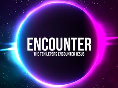 the text encounter is shown in front of a purple and blue circle with stars around it