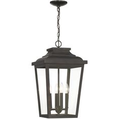 an outdoor hanging light fixture with three lights