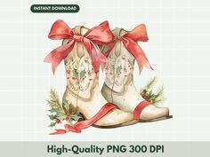 a pair of cowboy boots with red bows and holly wreaths on the bottom, high quality png 300 dpi