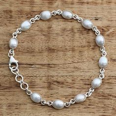 Cultured pearl tennis bracelet, 'Romantic Aura' - Cultured Pearl Handcrafted Tennis Bracelet Sterling Silver Cleaning Silver Jewelry, Jewelry Drawing, Bracelet Charms, Elegant Bracelet, Pretty Bracelets, Bracelet Sterling Silver, 925 Silver Jewelry, Silver Pearls, Tennis Bracelet