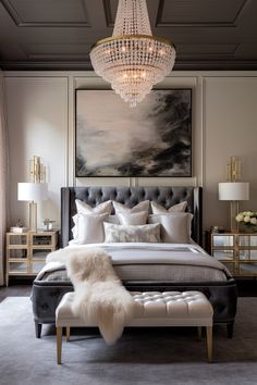 a bedroom with a large bed and chandelier hanging from the ceiling above it