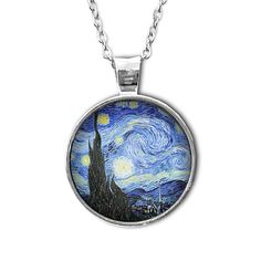 "Our stunning Pendant Necklace, featuring a beautiful 1 inch glass pendant showcasing Vincent Van Gogh's iconic painting, \"Starry Night.\" The intricate details of this masterpiece and vibrant colors are captured perfectly in exquisite glass. The pendant is securely attached to a sleek and elegant 18 inch silver chain, making it the perfect length to complement any outfit. This necklace is a true statement piece, combining classic elegance with a touch of artistry. It makes for a thoughtful and unique gift for any art lover." Glass Circle, Victorian Pendants, Chain Making, Securely Attached, Vincent Van, Vincent Van Gogh, Classic Elegance, Glass Pendant, Art Vintage