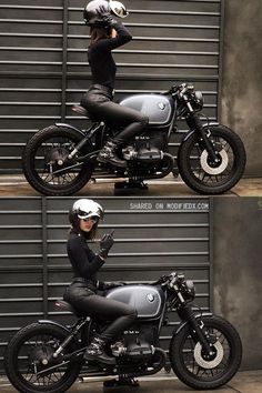 two pictures of a woman in black riding a motorcycle with her hands on her hips