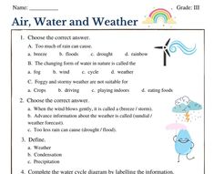 an air, water and weather worksheet is shown in the text above it