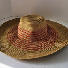 Never Worn, Red Stripes. Red Straw Hat For Spring Beach, Red Sun Hat For Beach In Spring, Red Fedora Sun Hat For Beach, Red Wide Brim Hat For Vacation, Casual Red Straw Hat For The Beach, Casual Red Straw Hat For Beach, Red Spring Vacation Hat, Chic Red Beach Hat, Chic Red Hats For Vacation