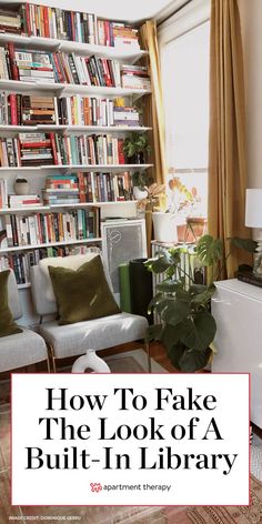 a living room filled with furniture and bookshelves next to a white couch in front of a window