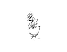 a black and white drawing of a potted plant with flowers in it's center