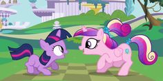 two little pony standing next to each other on a checkerboard floor in front of trees