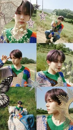 a collage of photos with different people in the grass and one person holding a butterfly