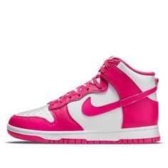 The Nike Dunk High Pink Prime is a stylish, women's high-top sneaker with modern materials. This model is crafted with a smooth white leather upper and bold Pink Prime overlays that provide a unique look and feel. The silhouette is completed by the signature logo Swooshes and a woven Nike tongue label which gives an additional dose of style. Get ready to add the new Nike Dunk High Pink Prime to your wardrobe for unbeatable comfort and style. With its modern design, it will serve you season after Dunk High Pink Prime, Nike X Travis Scott, Low Air Jordan 1, Nike Models, Dunks Nike, Jordan 2, Dunk High, Nike Dunk High, Nike Shox