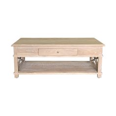 a wooden coffee table with two drawers on one side and an open drawer on the other