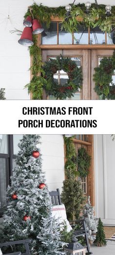 christmas front porch decorations with wreaths and trees