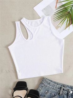 Lasaky - Fashionable Sleeveless Round Neck Slim Fit Hollow Out Ribbed Crop Top Shirt Korean Fashion Shirt, Blusas Crop Top, Sleeveless Crop Tops, Middle Age Fashion, Black Sleeveless Top, Y2k Clothes, Top Streetwear, Cropped Tops, Crop Top Shirts