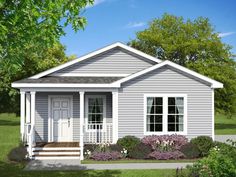 a rendering of a small house with porches and steps leading to the front door