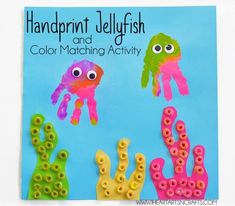 handprint jellyfish and color matching activity for kids to play with in the ocean