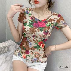 Lasaky - Fashion Mesh Fitted Short Sleeve Top with Round Neck Casual Tee Women's Tshirt, Printed Tshirts, 2020 Style, Shirt Female, Cheap T Shirts, Casual Heels, Casual Tee, Short Sleeve Top, Workout Shorts