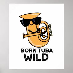 a cartoon trumpet with sunglasses and the words tubad written in black on a white background